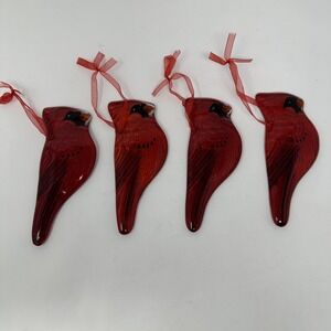 Handmade Glass Cardinal Ornaments Set‎ of 4 Red Bird Holiday Decor Tree Gift Art